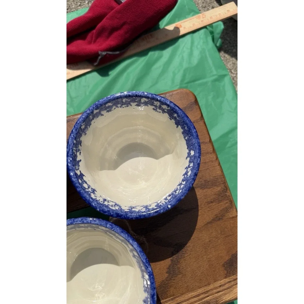 Set of 4 Blue Spongeware Farm Animal Bowls Rustic Pottery Cups‎